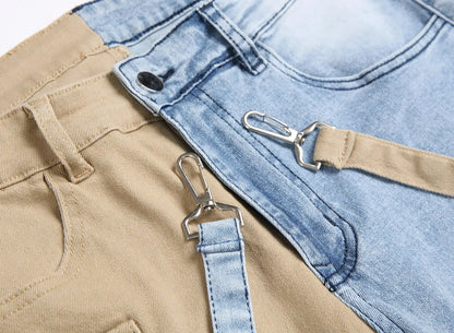 Men’s Patchwork Denim Jeans – Slim Fit Cargo Style Pants with Zipper Pockets | UniVibe Shop