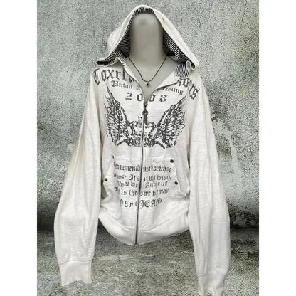 UniVibe Vintage Zip Hoodie White Print Streetwear Sweatshirt