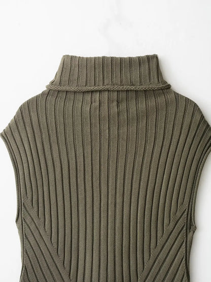 Ribbed Knit High-Neck Sleeveless Vest – Army Green