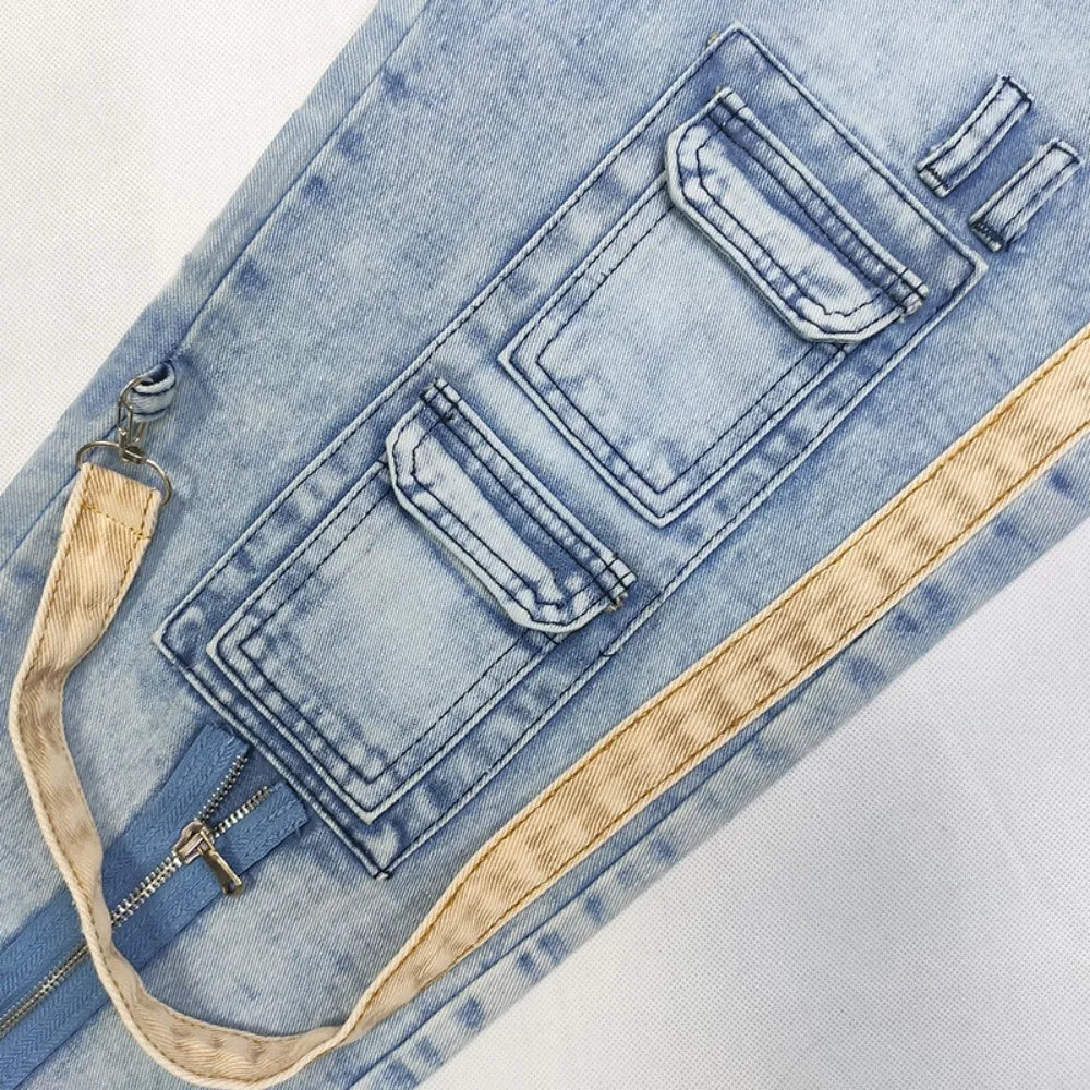 Men’s Patchwork Denim Jeans – Slim Fit Cargo Style Pants with Zipper Pockets | UniVibe Shop