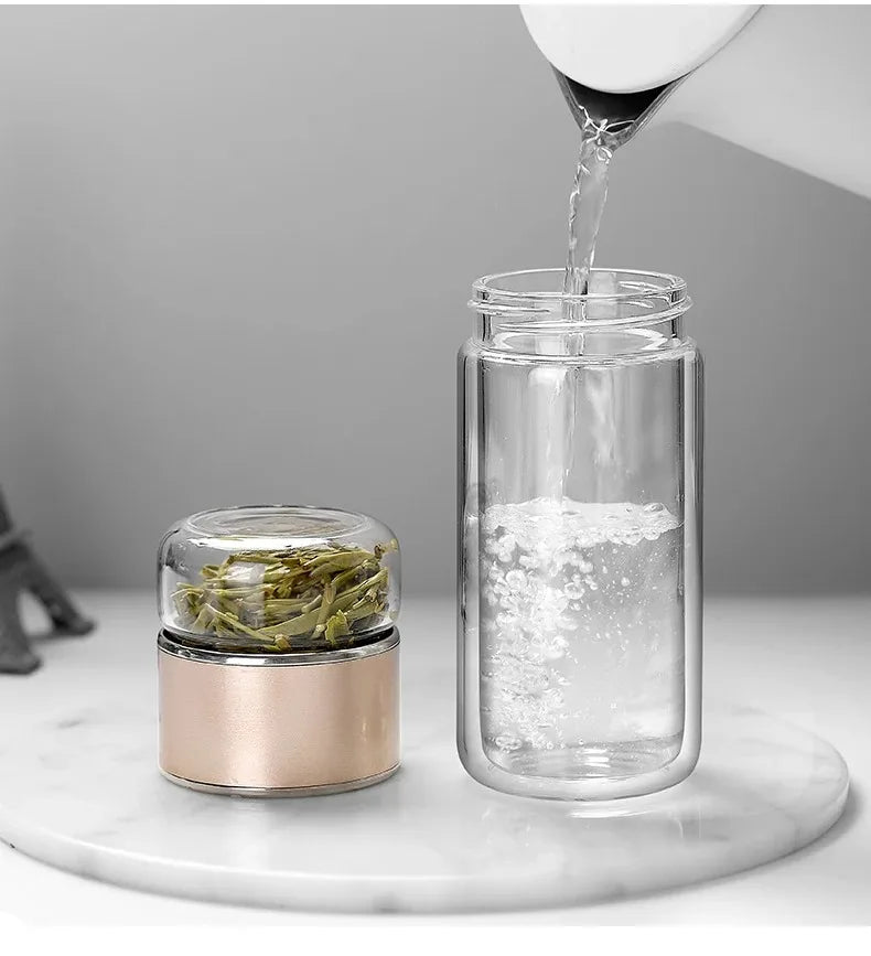 420ML Double-Layer Glass Tea Infuser Bottle – Heat-Resistant Borosilicate with Stainless Steel Lid
