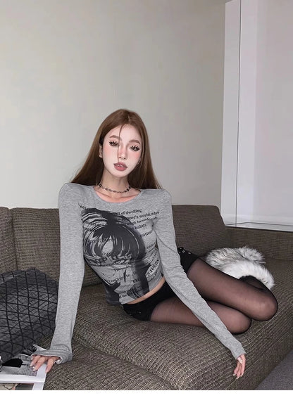 Y2K Grunge Graphic Long Sleeve Crop Top – Gray Univibeshop