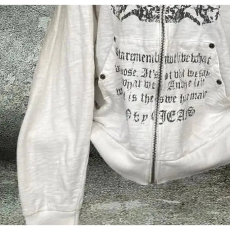 UniVibe Vintage Zip Hoodie White Print Streetwear Sweatshirt