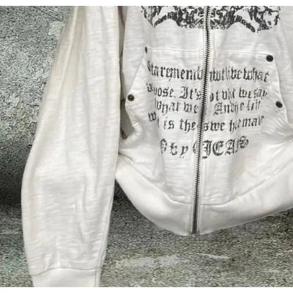 UniVibe Vintage Zip Hoodie White Print Streetwear Sweatshirt