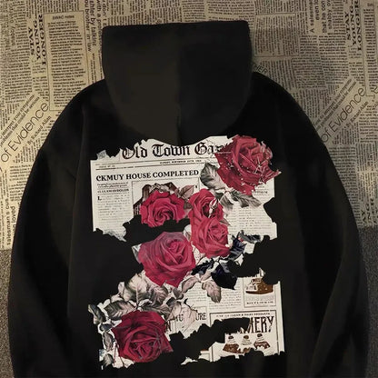 Vivid Rose Graphic Hoodie – Retro Cotton Streetwear for Men