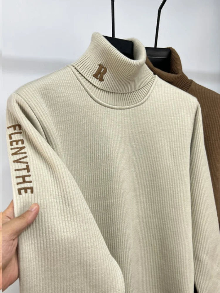 Shop UniVibe Shop’s men’s embroidered high-collar sweater. Thick knit fabric, warm plush lining, and stylish embroidery details for autumn and winter streetwear.