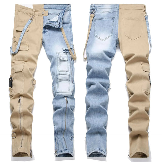 Shop UniVibe Shop’s patchwork denim jeans. Slim fit, cargo-inspired design with zipper details and multiple pockets. Perfect for streetwear and casual outfits.
