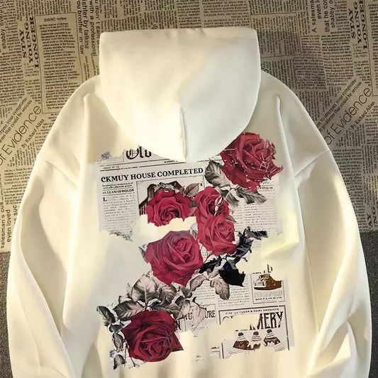 Retro-style men's hoodie with vivid red rose print – casual cotton streetwear perfect for all seasons.
