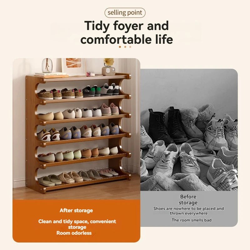 Wooden multi-layer shoe rack ideal for dorm room or entryway organization.

