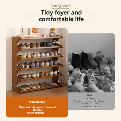 Wooden multi-layer shoe rack ideal for dorm room or entryway organization.
