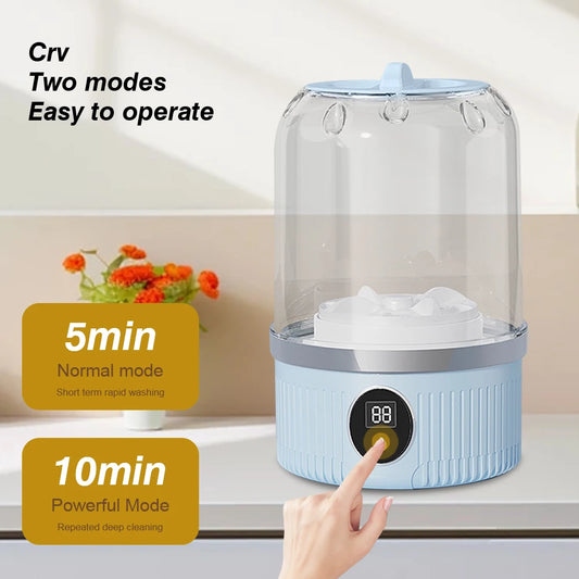 Blue and clear mini washer with digital display set for 5 or 10-minute cycles, showing a bowl of fruit being cleaned.
