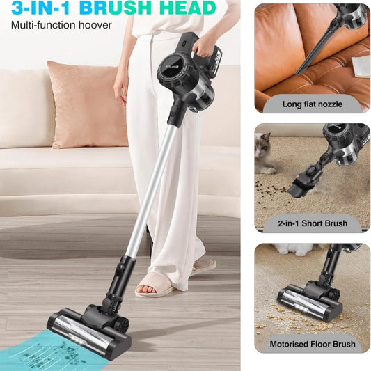 Multifunctional vacuum cleaner with various attachments on a living room floor.
