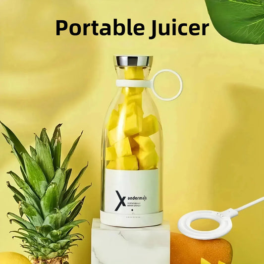 Portable juicer with fruits inside on a yellow background, shown with pineapple, orange, and citrus slices.

