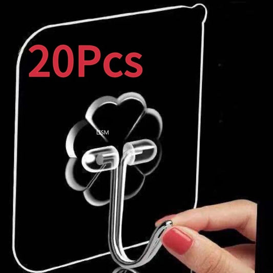Transparent hooks with a hand demonstrating their use, labeled "20Pcs" on a black background.
