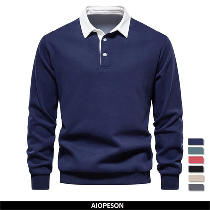 Men’s polo neck cotton sweatshirt in navy blue – autumn casual and social wear, UniVibe Shop