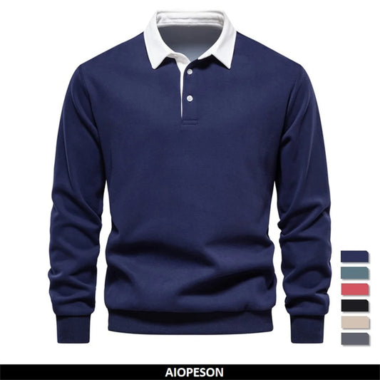Men’s polo neck cotton sweatshirt in navy blue – autumn casual and social wear, UniVibe Shop