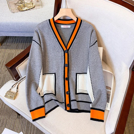 Women’s oversized knit cardigan with V-neck, button-down design, and contrast trim UniVibe Shop