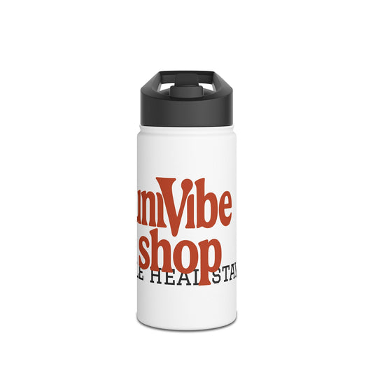 White water bottle with black lid and red UniVibe Shop text, displayed on a white background.
