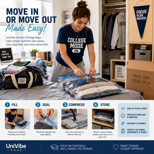 UniVibe Vacuum Storage Bags in multiple sizes used to compress and organize clothing for space-saving storage.