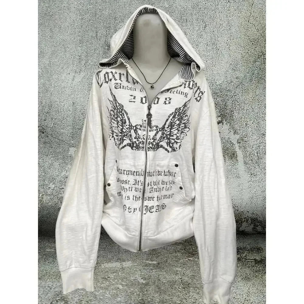 Vintage-inspired white zip hoodie with bold front graphic print, casual streetwear Y2K style – UniVibe Shop