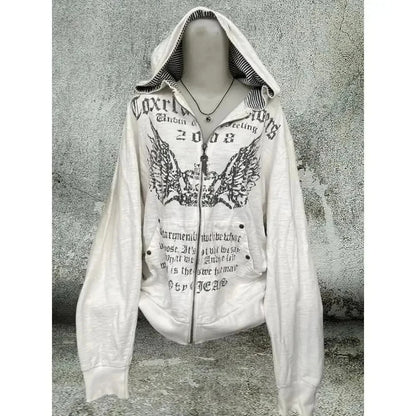 Vintage-inspired white zip hoodie with bold front graphic print, casual streetwear Y2K style – UniVibe Shop