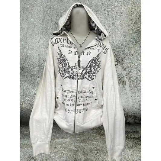 Vintage-inspired white zip hoodie with bold front graphic print, casual streetwear Y2K style – UniVibe Shop