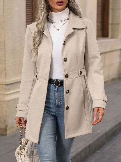 UniVibeShop Button-Up Long Sleeve Coat – elegant women’s coat with button-up front, available in apricot, khaki, red, and black.