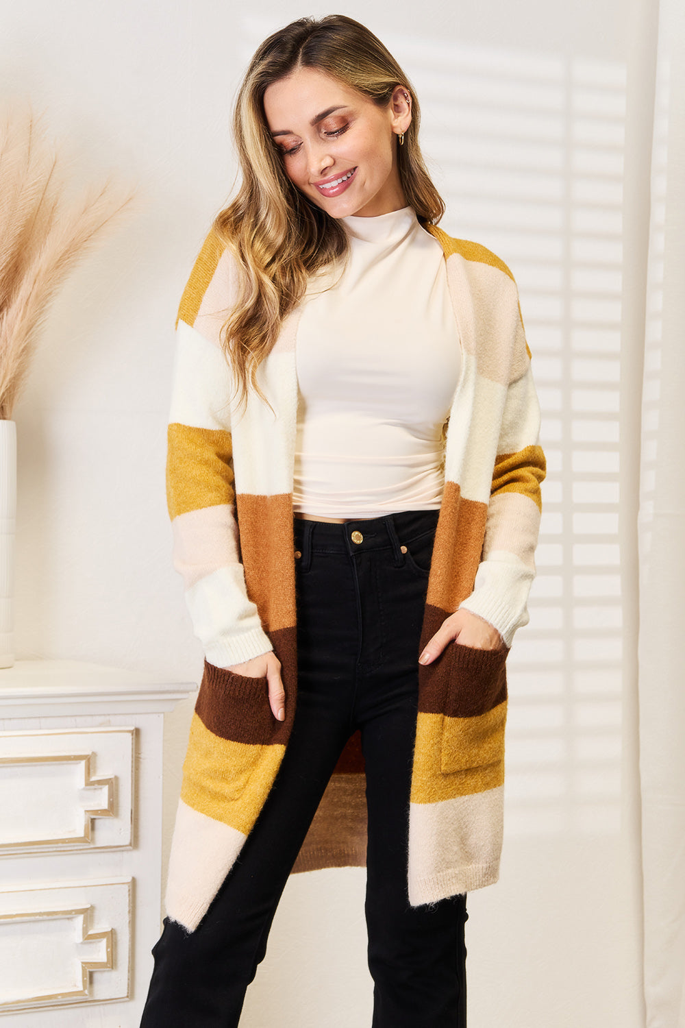 UniVibeShop Woven Right Color Block Dropped Shoulder Cardigan – brown and tan striped knit cardigan with relaxed fit and open front design.