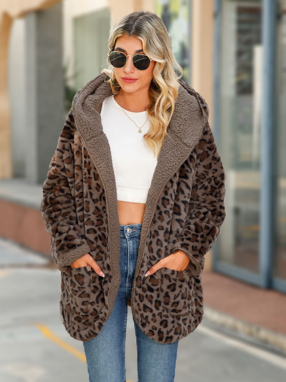 UniVibeShop Leopard Hooded Coat with Pockets – cozy chestnut faux-fur leopard print hooded jacket with soft lining and deep pockets.