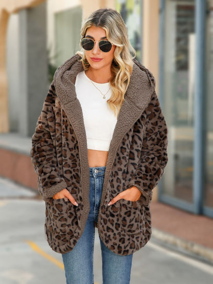 UniVibeShop Leopard Hooded Coat with Pockets – cozy chestnut faux-fur leopard print hooded jacket with soft lining and deep pockets.