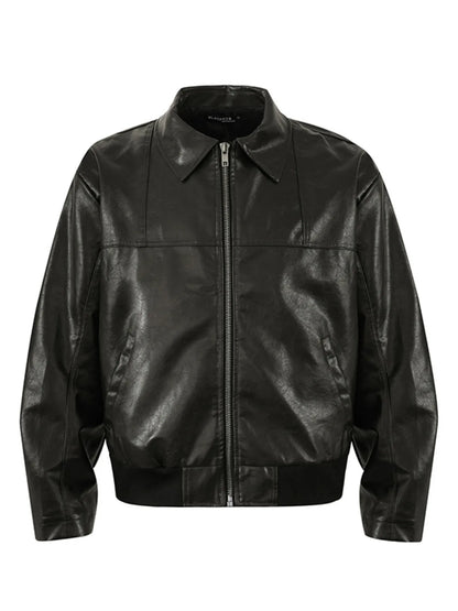 Model wearing UniVibeShop Men’s Zip-Up Leather Jacket – sleek, casual outerwear for men with a modern streetwear vibe.