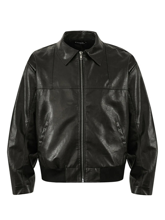 Model wearing UniVibeShop Men’s Zip-Up Leather Jacket – sleek, casual outerwear for men with a modern streetwear vibe.