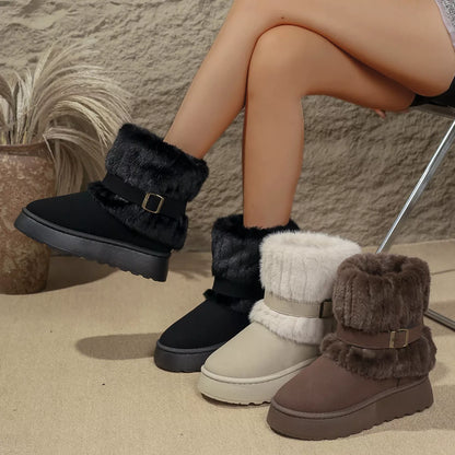 UniVibeShop Round Toe Platform Boots – cozy beige fur-lined winter boots with buckle strap and soft platform sole.
