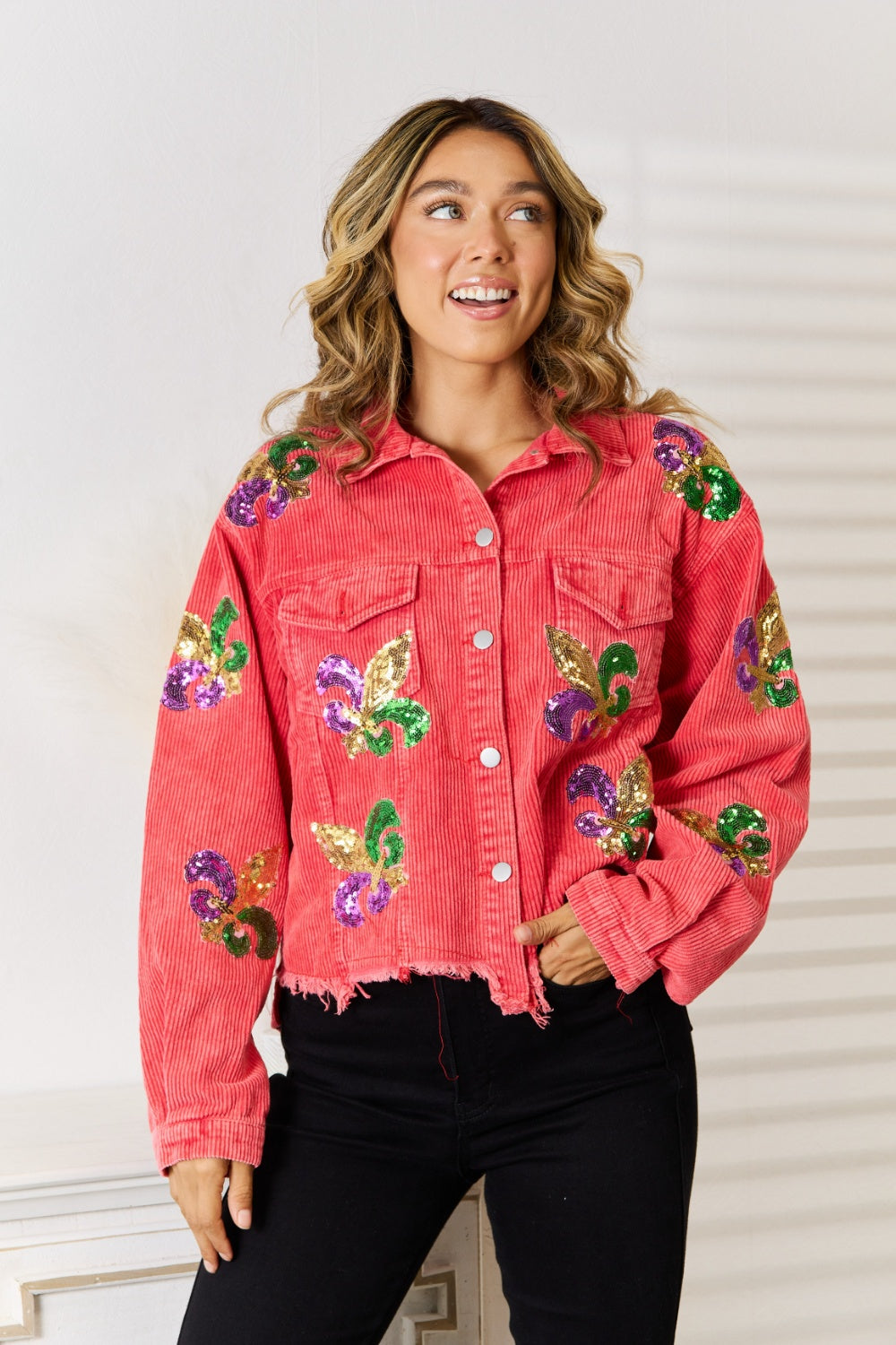 Model wearing UniVibeShop Sequin Raw Hem Jacket in pink with shimmer detailing, styled for trendy campus and streetwear looks.
