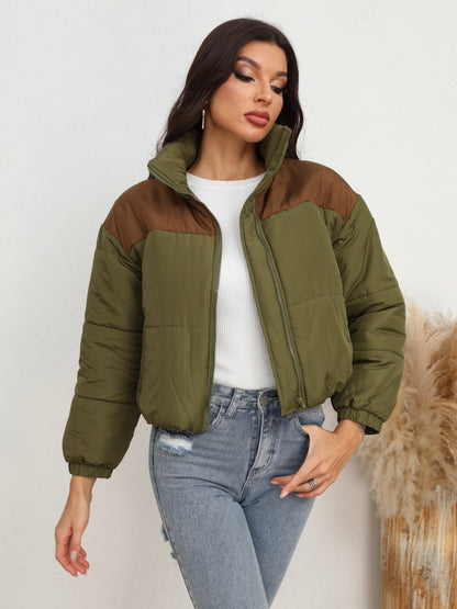 Model wearing UniVibeShop Two-Tone Zip-Up Puffer Jacket in Army Green – stylish and warm outerwear for men and women, perfect for fall and winter.