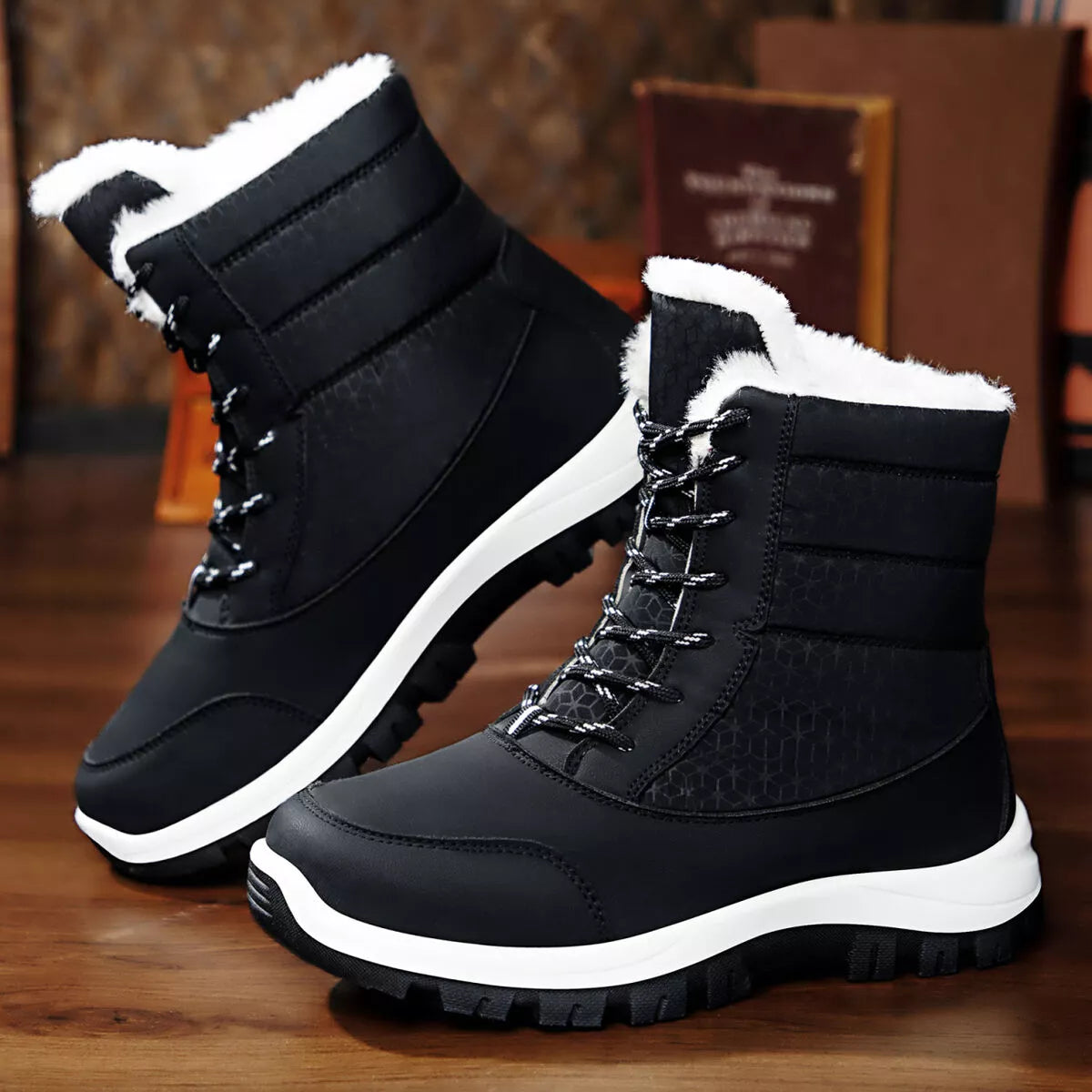 UniVibeShop Winter Waterproof Snow Boots with Warm Fur Lining – waterproof black winter boots with faux fur interior and non-slip soles for warmth and comfort.